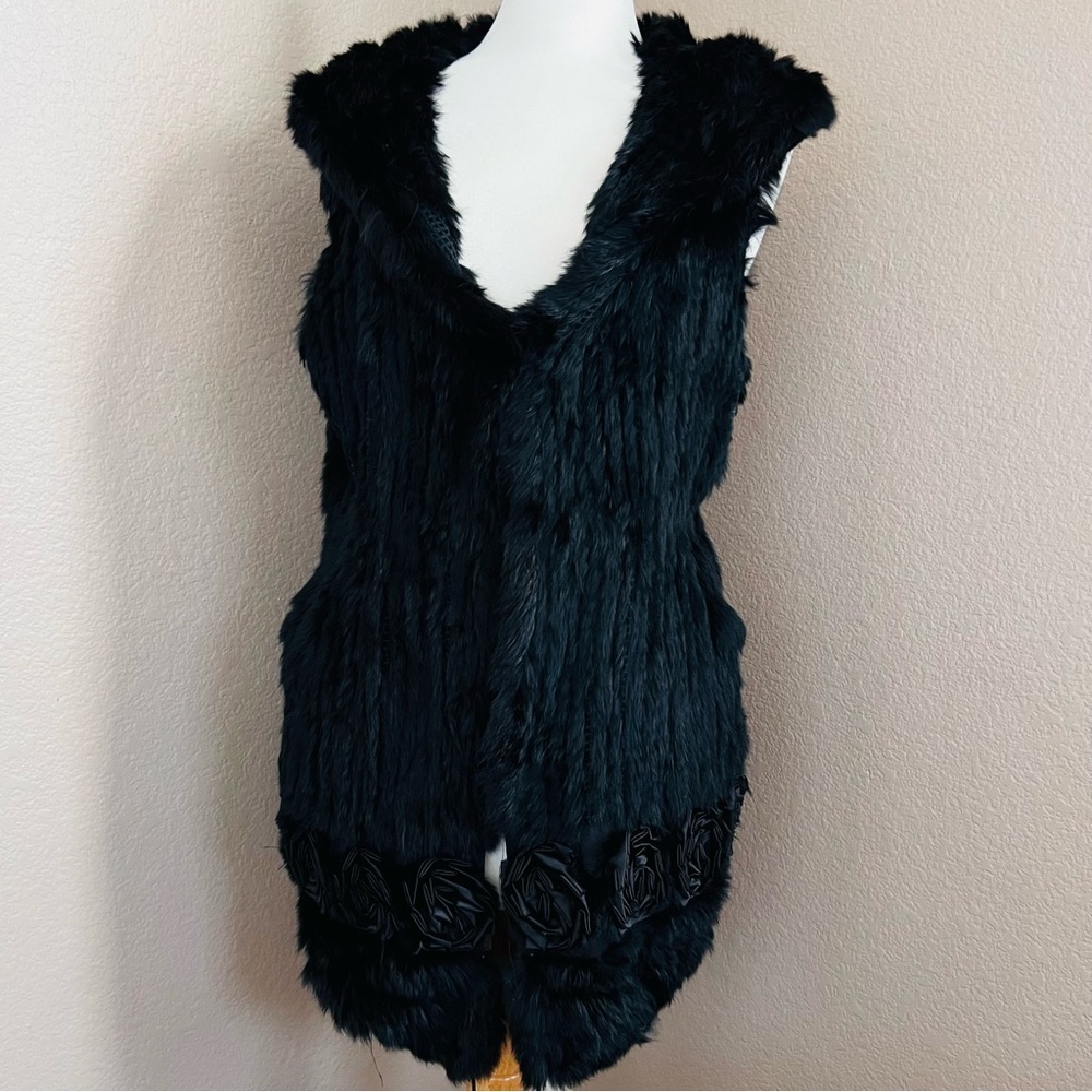 Black Real Rabbit Fur Vest with Hood – Size S/M